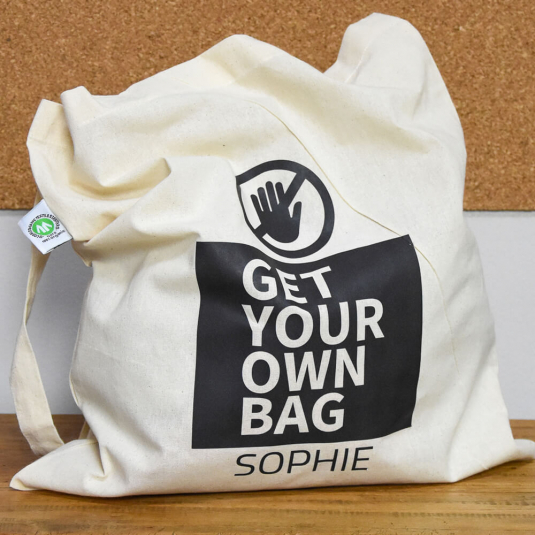 Fairtrade katoenen tas met graphic - Get your own bag